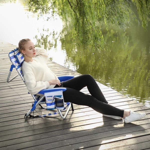 Rootz Beach Chair - Solstol med Dyna - Fällbar strandstol - Strandfåtölj - Justerbar strandstol - Solstol - Ergonomisk strandstol - Blå + Vit - 63 x 6