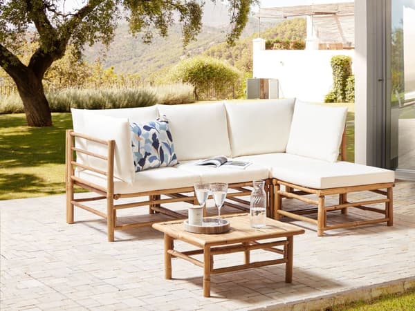 Havestol Off White Bambus Træ Lounge Stol til Haven Bambusstol til Udendørs Loungestol