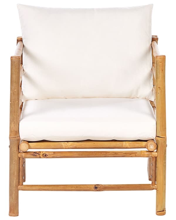 Havestol Off White Bambus Træ Lounge Stol til Haven Bambusstol med Armlæn til Udendørs Loungestol