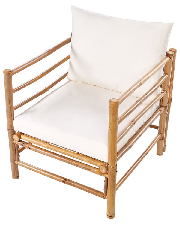 Havestol Off White Bambus Træ Lounge Stol til Haven Bambusstol med Armlæn til Udendørs Loungestol