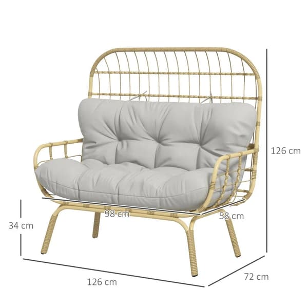 Rootz rottinki tuoli - ulkotuoli - rottinkiinen kahden istuttava sohva - säänkestävä - luonnollinen + harmaa - 126cm x 72cm x 126cm