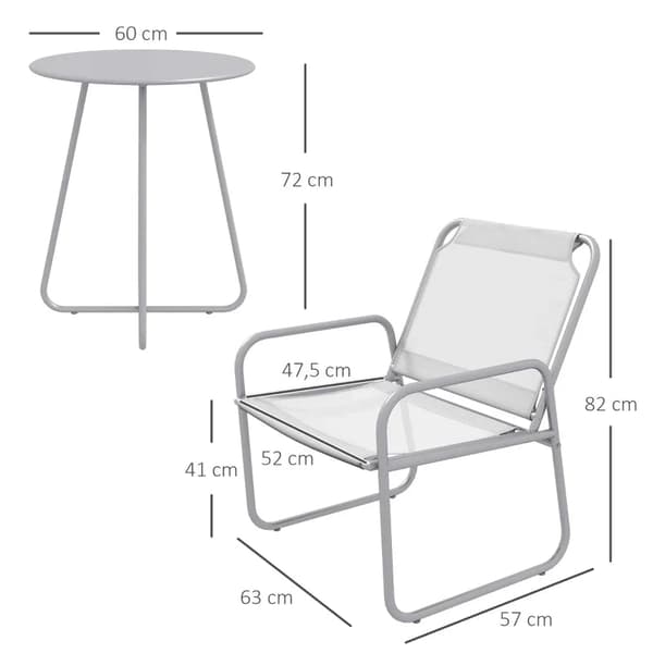 Rootz puutarhakalustesetti - 3-osainen - 2 tuolia - Hengittävä kangaspäällinen - 1 pyöreä pöytä Ø60 cm - Teräs - Muovi - Vaaleanharmaa - 52w X 47,5d c