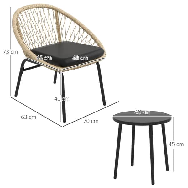 Rootz Trädgårdsmöbler Set - Rotting Uteplats Set - 2 Fåtöljer - Sittkuddar - 1 Runt Bord Ø60 Cm - PE Rotting-Polyester - Svart-Gul - 43W x 45D cm