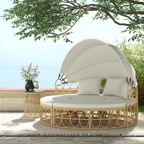 Rootz Sun Island - 4-osainen - Jatkettava katto - 5 tyynyä - Sohvapöytä - Rottininen look - Beige - 178L x 85D x 66,5K cm