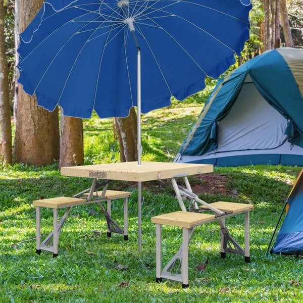 Rootz Camping pöytä - Taitettava - 4 istuinta - Sateenvarjoreikä - Puinen pöytälevy - Alumiinirunko - Kuusi - Metalli - Luonnonpuu - 85,5 X 72,5 X 67