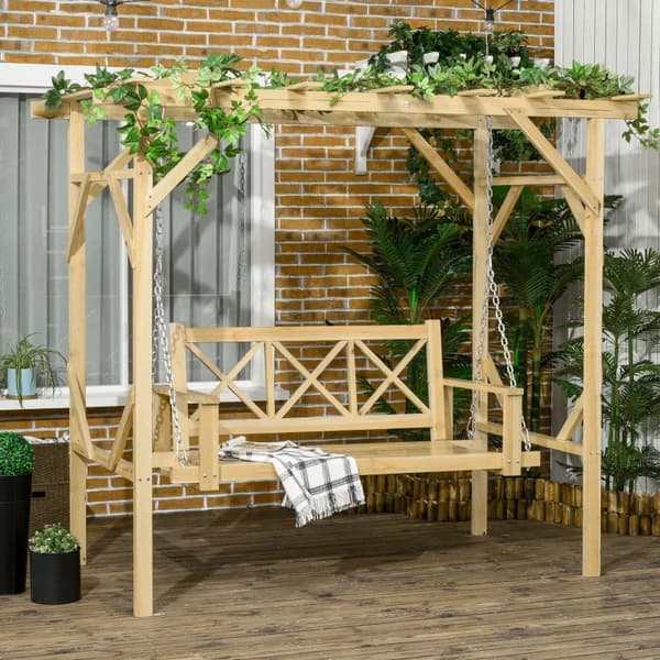 Rootz Swingbänk med pergola - För 2 personer - Justerbar i höjdled - Stomme i massivt trä - Naturlig - 2,21 x 1,40 x 1,96 m