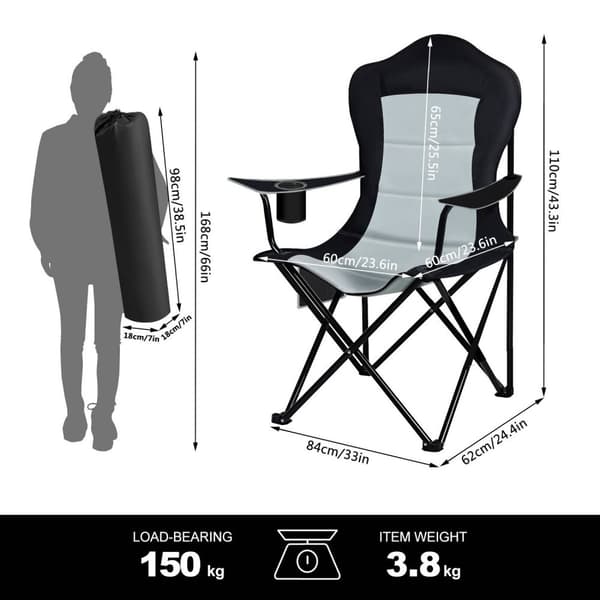 Rootz Ultralight Foldestol - Bærbar campingstol - Udendørs siddepladser - Holdbart 600D Oxford stof - Komfortabelt højt ryglæn - Nem opbevaring med ko