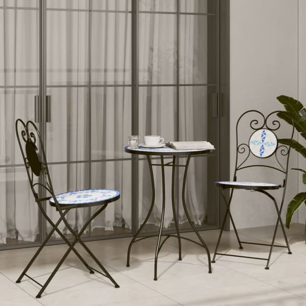 The Living Store Caféstolar fällbara 2 st blå och vit keramik - Utestolar