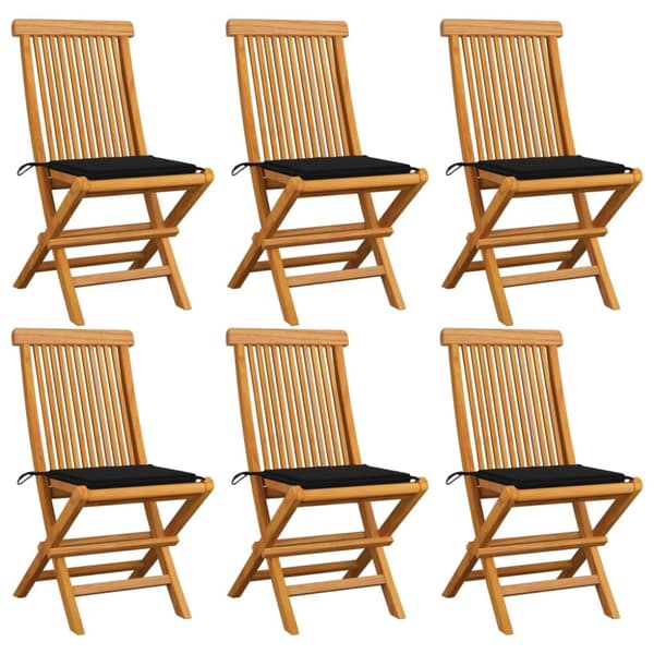 Trädgårdsstolar med svarta dynor 6 st massiv teak