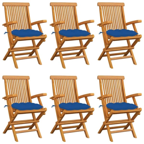 Trädgårdsstolar med blåa dynor 6 st massiv teak