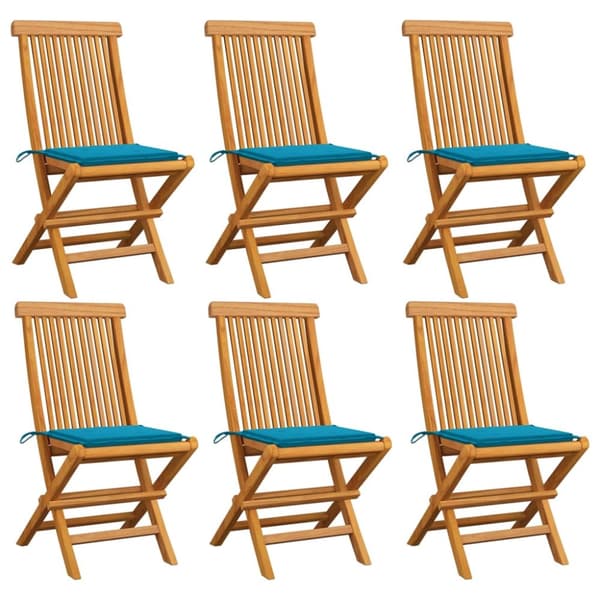 Trädgårdsstolar med blåa dynor 6 st massiv teak