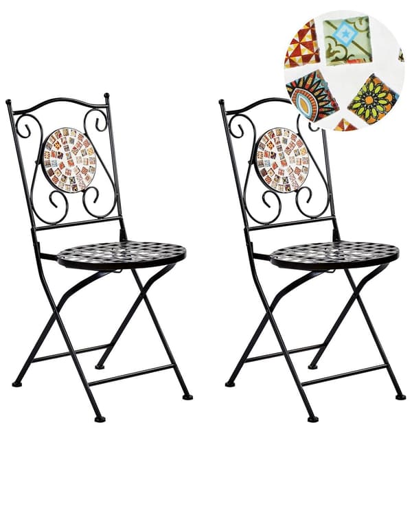 Sæt med 2 havestole sort metal, der kan klappes sammen, udskåret ryglæn, mosaikfliser i vintagestil