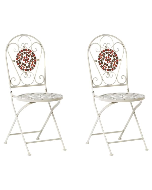 Sæt med 2 havestole hvid metal foldbar udskåret ryglæn mosaikfliser mønster vintage stil