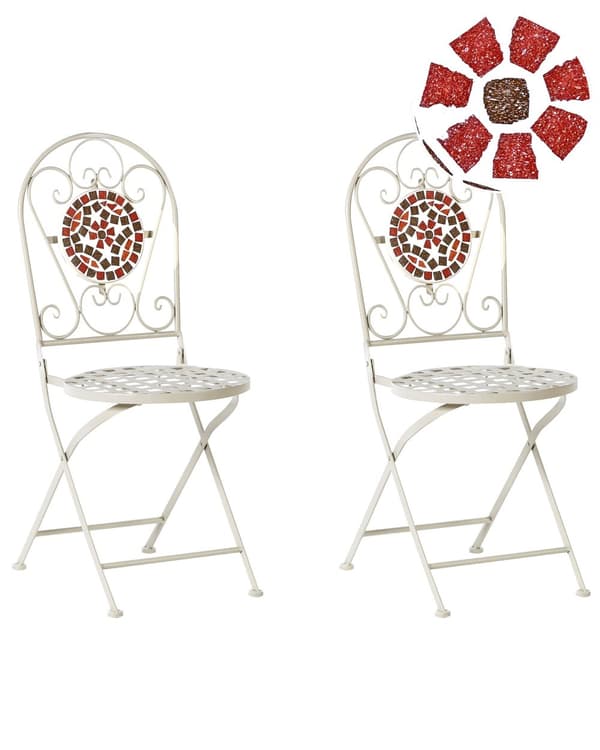 Sæt med 2 havestole hvid metal foldbar udskåret ryglæn mosaikfliser mønster vintage stil