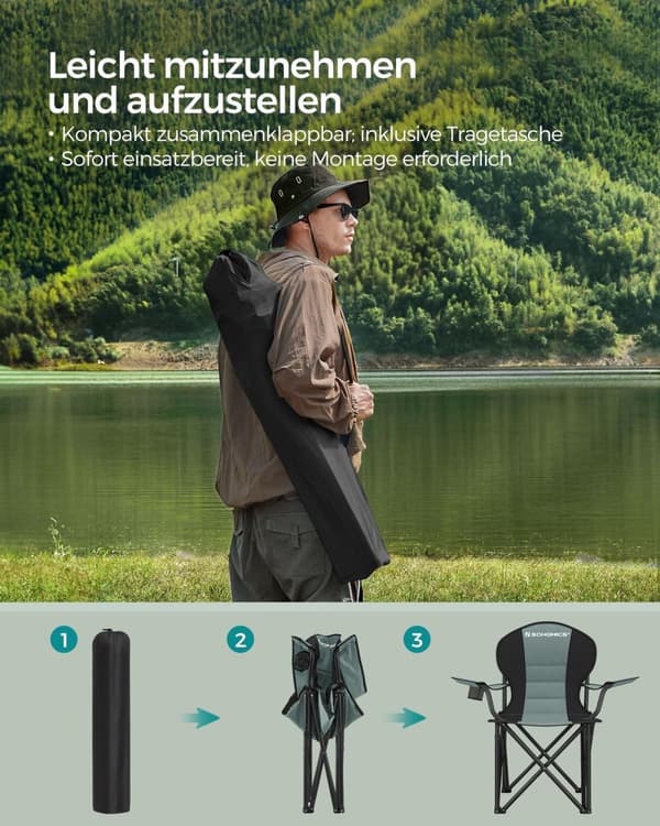 Rootz Green-Black Camping tuoli - Kannettava tuoli - Taitettava istuin - 600D Oxford Kangas - Kevyt - Kestävä - Mukava - 55cm x 90cm x 102cm