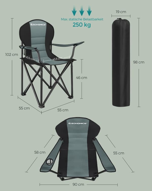 Rootz Green-Black Camping tuoli - Kannettava tuoli - Taitettava istuin - 600D Oxford Kangas - Kevyt - Kestävä - Mukava - 55cm x 90cm x 102cm