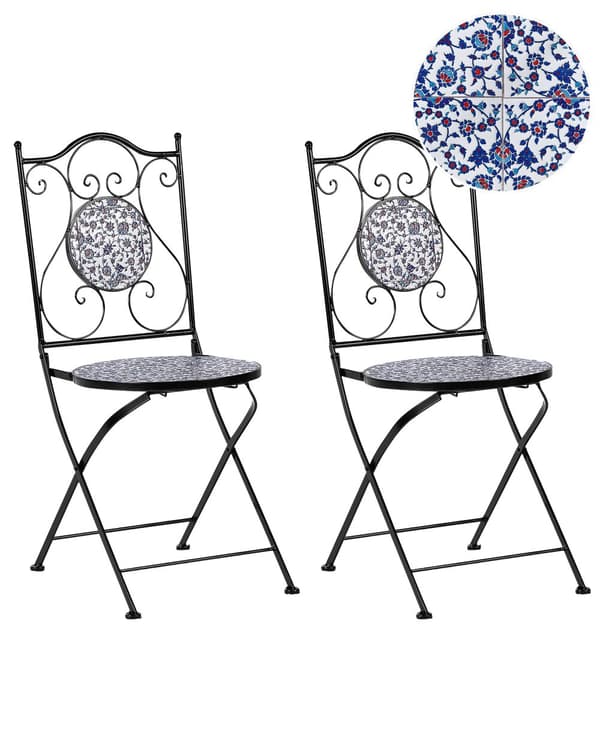 Klapstol Sort Metal Mosaik Sæt af 2 Franske Havestole til Udendørs Cafe Stole Vintage Bistrostole Design Altanstole