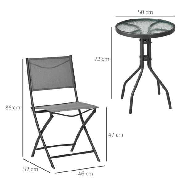 Rootz 3-delt havebistrosæt - Udendørsmøbler - Terrassesæt - Foldestole - Hærdet glasbord - 50cm x 72cm Bord, 46cm x 52cm x 86cm Stole