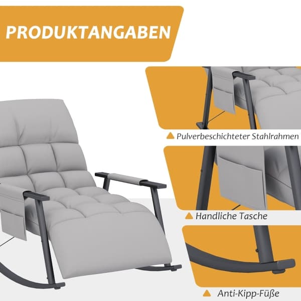 Rootz gyngestol - Justerbar hvilestol - Afslapningsstol - 4-niveau fodstøtte - 5-niveau ryglæn - Mikrofiberbetræk - 134 cm x 60 cm x 70 cm - Metalramm