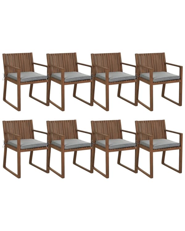 Puutarhatuoli tumma akasia puu 54 x 80 x 59 cm harmaat pehmusteet 8 kpl setti ulos