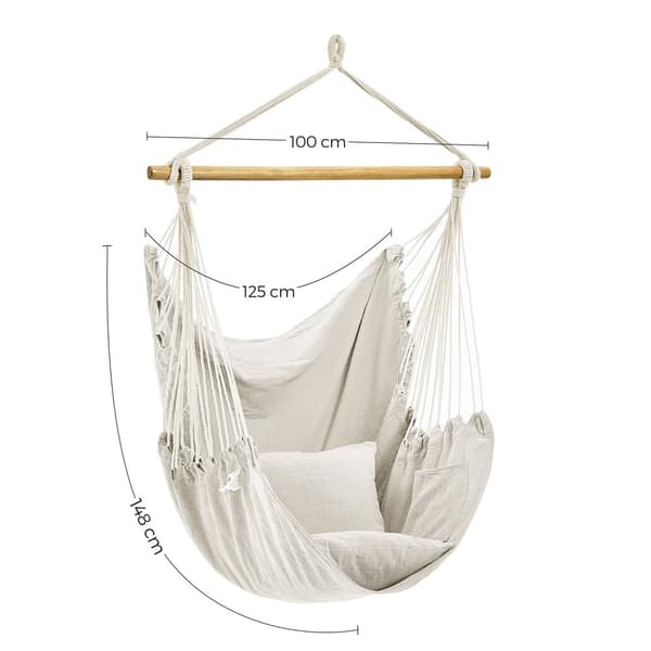 Rootz riipputuoli tyynyillä - keinutuoli - riippumattotuoli - polyesteripuuvillakangas - puutanko - 148cm x 125cm x 40cm - beige