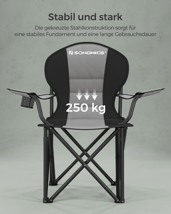 Rootz Grå-Sort Campingstol - Bærbar Stol - Sammenklappeligt sæde - 600D Oxford stof - Letvægts - Holdbar - Let at bære - 55 cm x 90 cm x 102 cm
