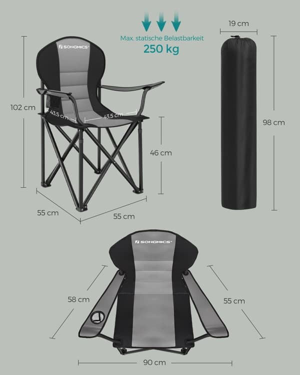 Rootz Grå-Sort Campingstol - Bærbar Stol - Sammenklappeligt sæde - 600D Oxford stof - Letvægts - Holdbar - Let at bære - 55 cm x 90 cm x 102 cm