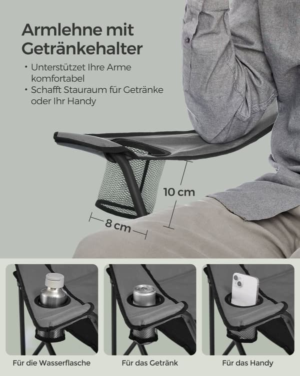 Rootz Grå-Sort Campingstol - Bærbar Stol - Sammenklappeligt sæde - 600D Oxford stof - Letvægts - Holdbar - Let at bære - 55 cm x 90 cm x 102 cm