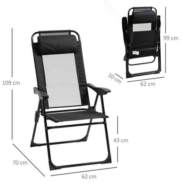 Rootz hopfällbar stol Set om 2 - Fällbar solstol - Väderbeständig - 5-vägs justerbart ryggstöd - Metallram - Svart - 62W x 70D x 109H cm