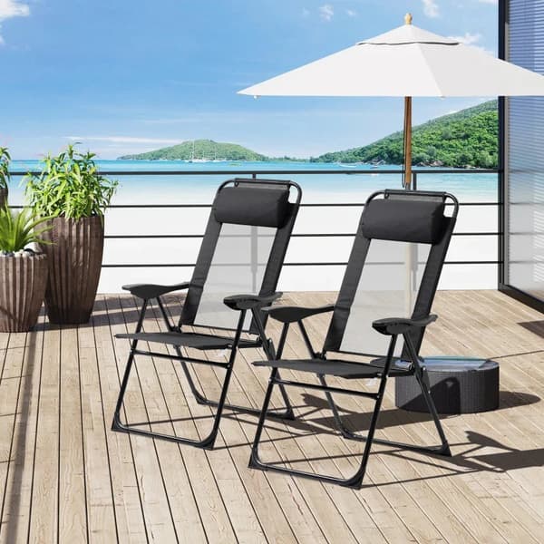 Rootz hopfällbar stol Set om 2 - Fällbar solstol - Väderbeständig - 5-vägs justerbart ryggstöd - Metallram - Svart - 62W x 70D x 109H cm