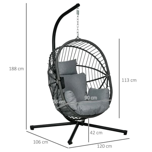 Rootz Outdoor Hängstol - Hängstol med Dyna - Äggstol - Polypropenrep - Grå - 120 cm x 106 cm x 188 cm