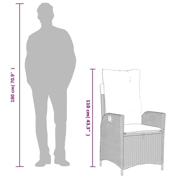 vidaXL havestol med lænefunktion og hynder polyrattan brun