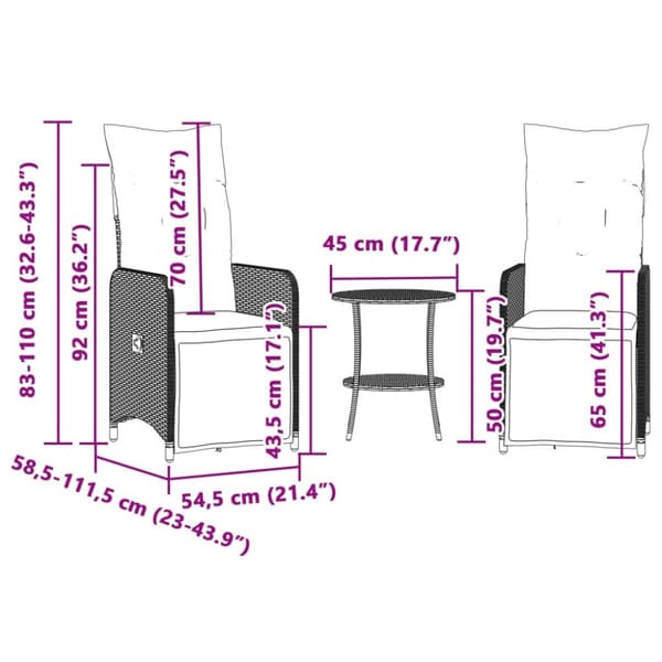 vidaXL havestole 2 stk. med lænefunktion og bord polyrattan brun
