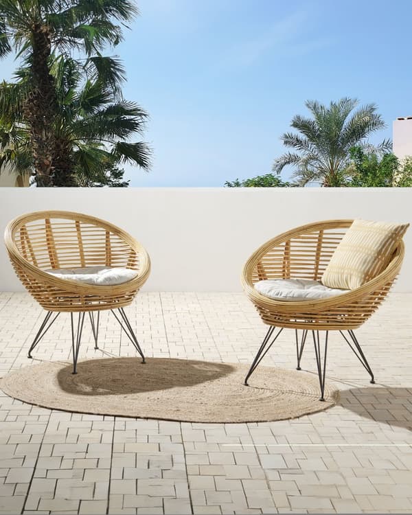 Kurvestol Natur Beige Rattan Sæt af 2 Stole med Siddehynder Lounge Havelænestole til Haven Flet Lænestole Terrasse Stue Stabelstole