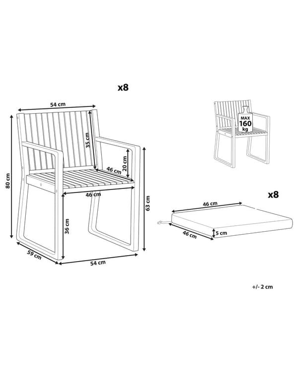 Puutarhatuoli tumma akasia puu 54 x 80 x 59 cm luonnonvalkoiset pehmusteet 8 kpl setti ulos