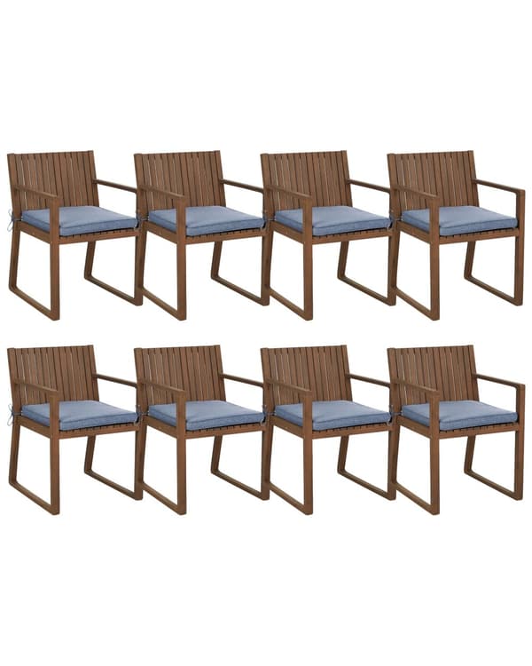 Set med 8 Trädgårdsstolar Mörkt Acaciaträ 80 x 59 cm med UV Vatten Vädertåliga Blå Dynor Rustik Stil Trädgård Uteplats