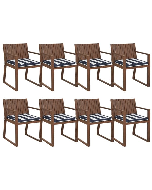 Set med 8 Trädgårdsstolar Mörkt Acaciaträ 80 x 59 cm med UV Vatten Vädertåliga Marinblå Vita Dynor Rustik Stil Trädgård Uteplats