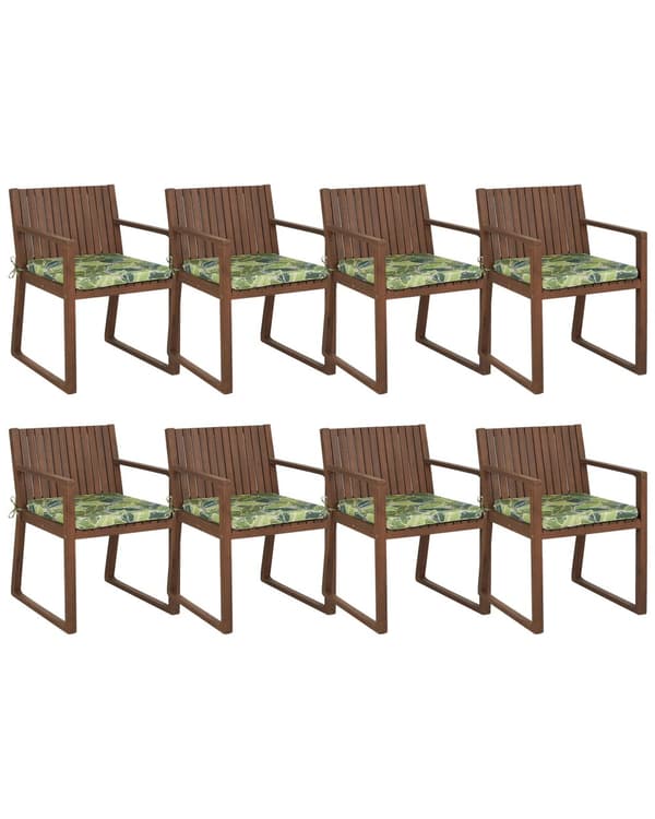 Set med 8 Trädgårdsstolar Mörkt Acaciaträ 80 x 59 cm med UV Vatten Vädertåliga Gröna Dynor Rustik Stil Trädgård Uteplats