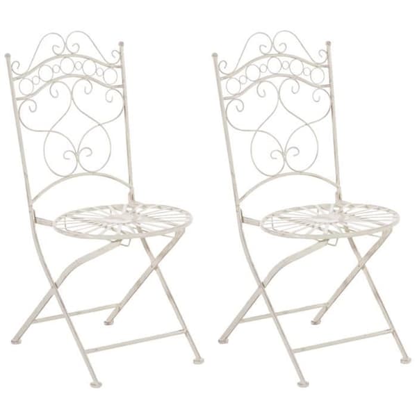 Set med 2 hopfällbara trädgårdsstolar i smidesjärn med sitthöjd 48 cm, antik kräm