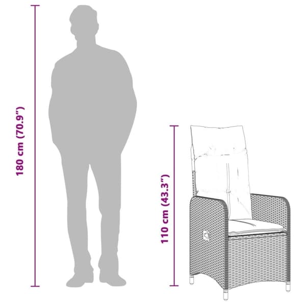 vidaXL Justerbar trädgårdsstol med dynor grå konstrotting