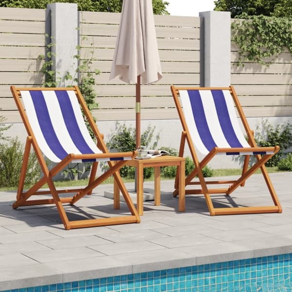 vidaXL strandstole 2 stk. foldbar stof og massivt træ blå og hvid