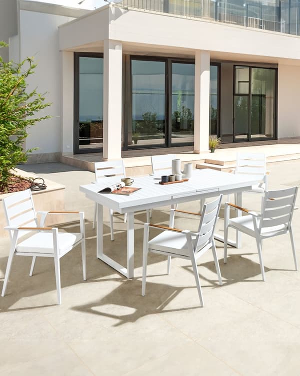 Set med 6 Trädgårdsstolar Vit Aluminium med Dynor Ryggstöd med Spjälor Design Modern