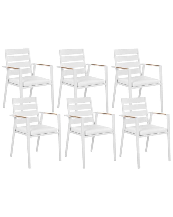 Set med 6 Trädgårdsstolar Vit Aluminium med Dynor Ryggstöd med Spjälor Design Modern