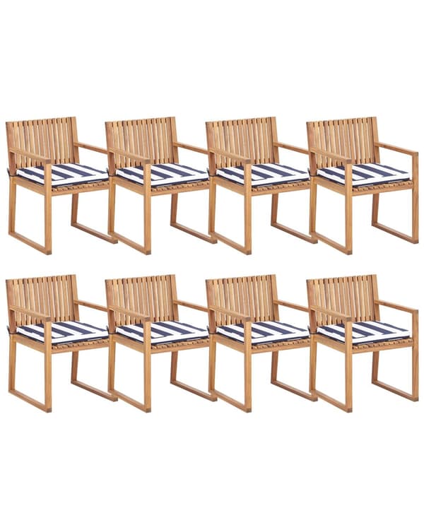 Sett med 8 Hagespisestoler Lys Sertifisert Akasietre med Marineblå og Hvite Puter 54 x 59 x 80 cm Rustikk Stil