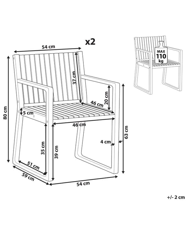 Sett med 2 Hagespisestoler Lys Sertifisert Akasietre 80 x 59 cm Rustikk Stil