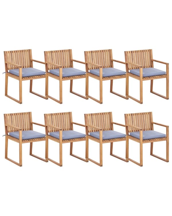 Sett med 8 Hagespisestoler Lys Sertifisert Akasietre med Blå Puter 54 x 59 x 80 cm Rustikk Stil
