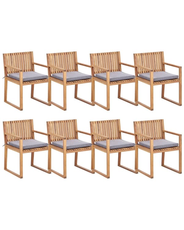 Sett med 8 Hagespisestoler Lys Sertifisert Akasietre med Grå Puter 54 x 59 x 80 cm Rustikk Stil