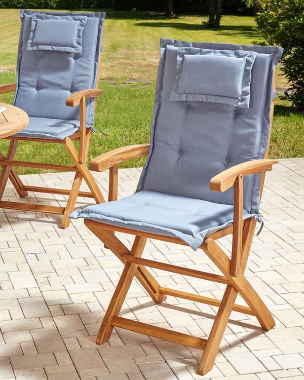 Sett med 2 Hagespisestoler i Lyst Tre med Blå Pute Akasietre Ramme Sammenleggbar Rustikk Design