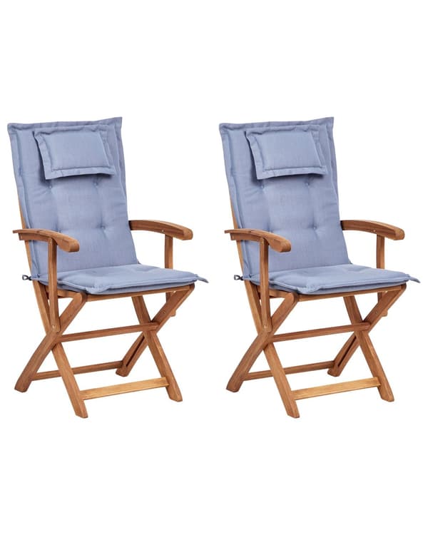 Sett med 2 Hagespisestoler i Lyst Tre med Blå Pute Akasietre Ramme Sammenleggbar Rustikk Design