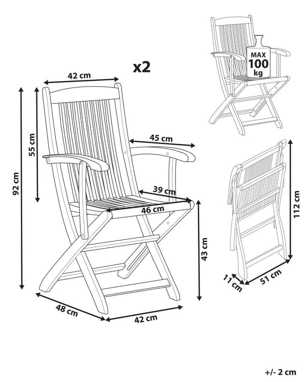 Sett med 2 Hagespisestoler i Lyst Tre Akasietre Sammenleggbar Rustikk Design